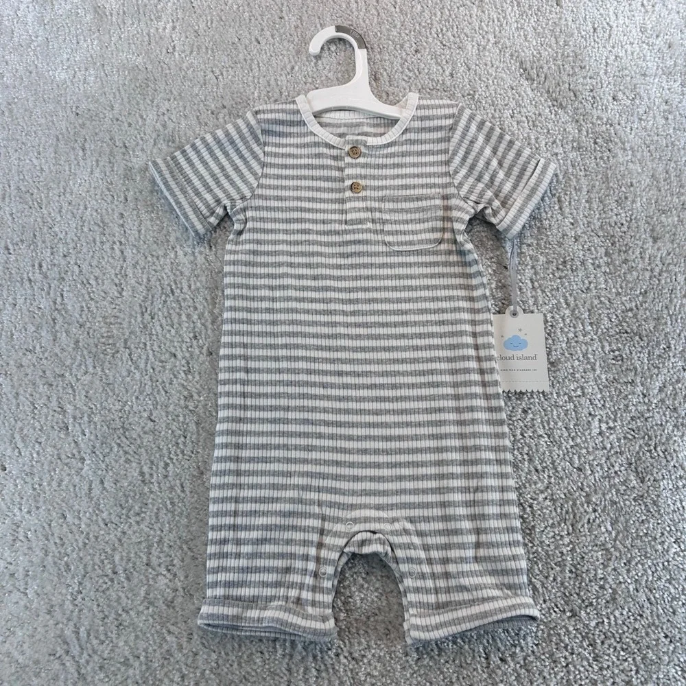 Cloud Island Baby Gray White Striped Ribbed Henley Romper 18M NEW